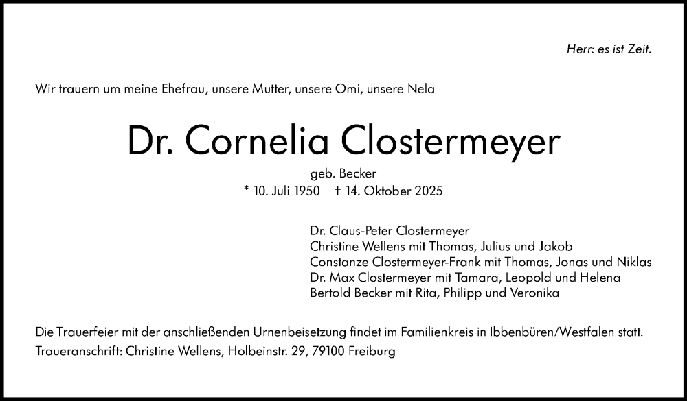  Traueranzeige für Cornelia Clostermeyer vom 18.10.2025 aus Stuttgarter Zeitung / Stuttgarter Nachrichten