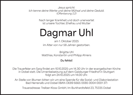Traueranzeige von Dagmar Uhl von Stuttgarter Zeitung / Stuttgarter Nachrichten