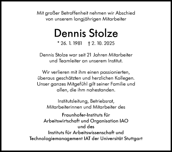 Traueranzeige von Dennis Stolze von Stuttgarter Zeitung / Stuttgarter Nachrichten