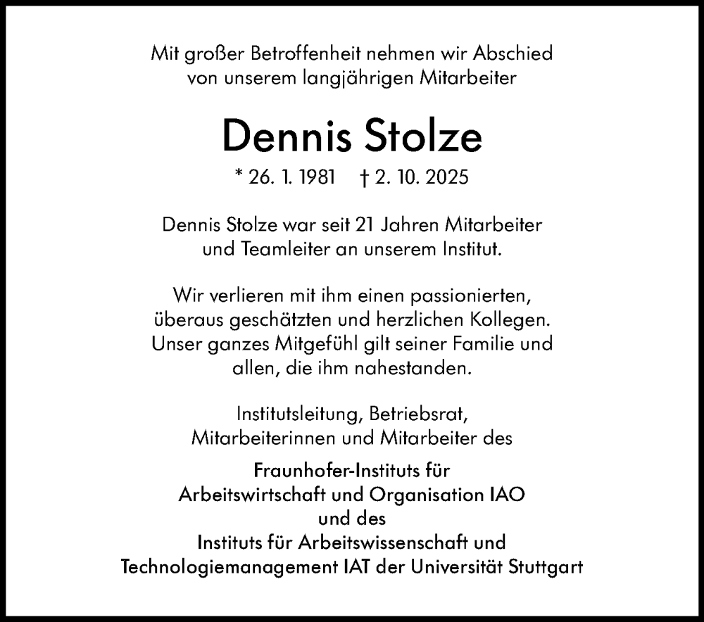  Traueranzeige für Dennis Stolze vom 11.10.2025 aus Stuttgarter Zeitung / Stuttgarter Nachrichten