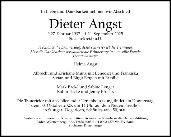 Traueranzeige von Dieter Angst von Stuttgarter Zeitung / Stuttgarter Nachrichten