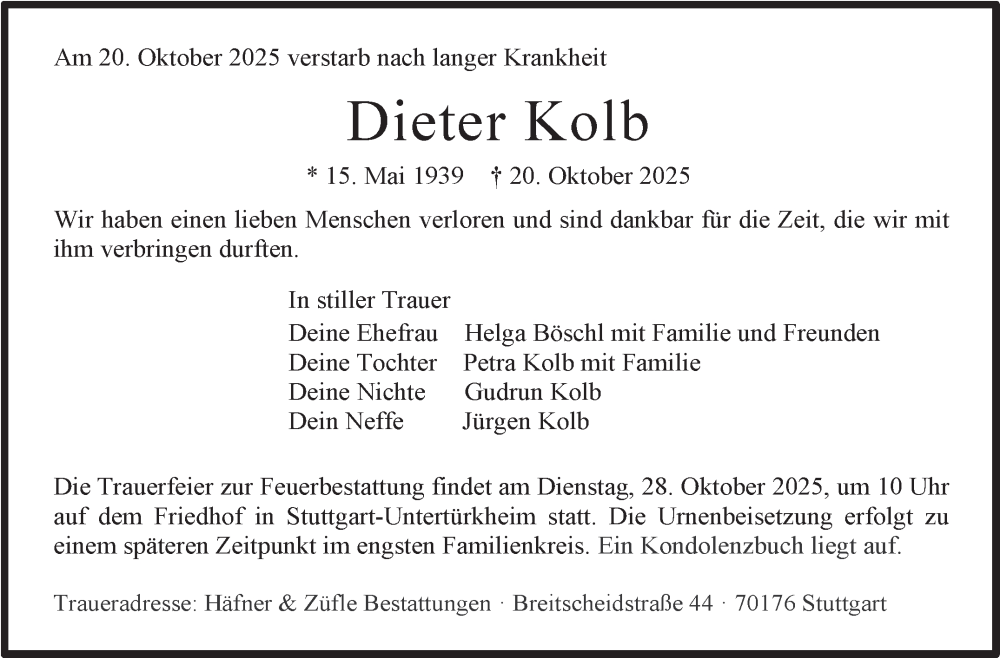  Traueranzeige für Dieter Kolb vom 25.10.2025 aus Stuttgarter Zeitung / Stuttgarter Nachrichten