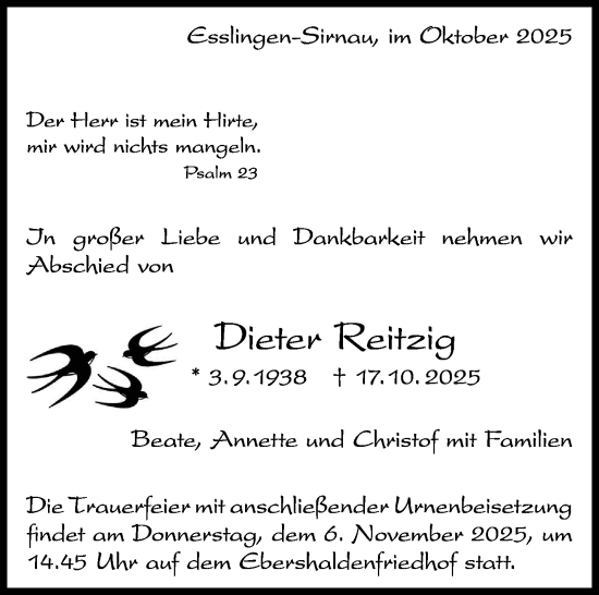 Traueranzeige von Dieter Reitzig von Eßlinger Zeitung