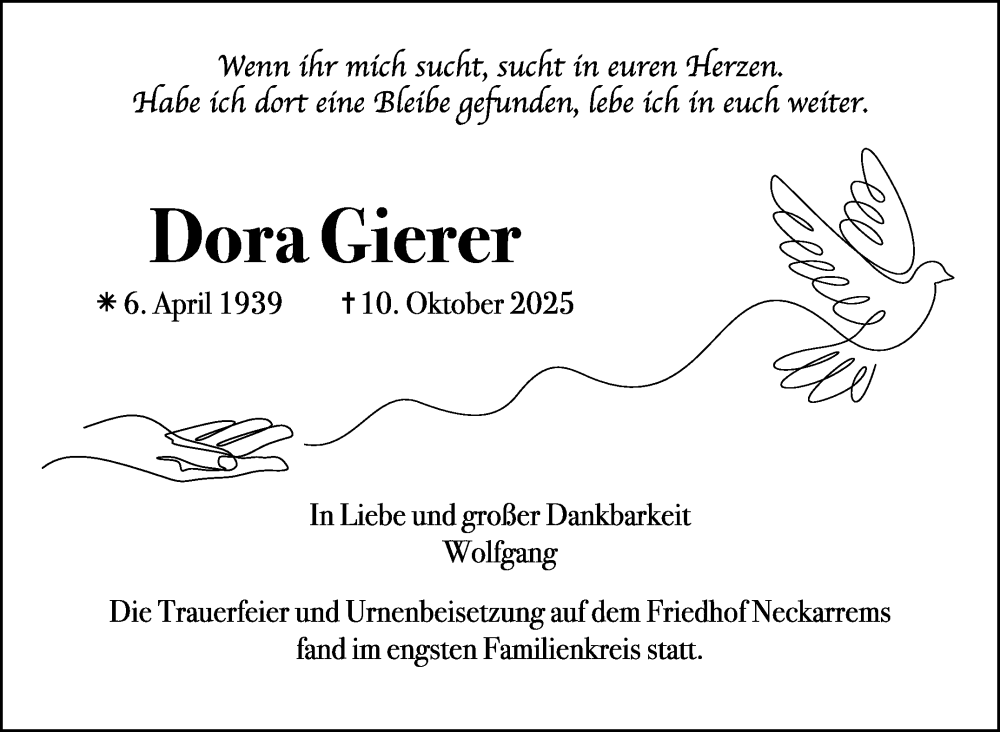  Traueranzeige für Dora Gierer vom 25.10.2025 aus Stuttgarter Zeitung / Stuttgarter Nachrichten