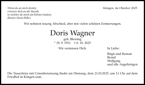 Traueranzeige von Doris Wagner von Eßlinger Zeitung