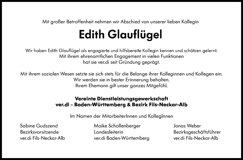  Traueranzeige für Edith Glauflügel vom 11.10.2025 aus Eßlinger Zeitung