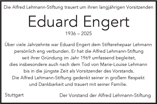 Traueranzeige von Eduard Engert von Stuttgarter Zeitung / Stuttgarter Nachrichten