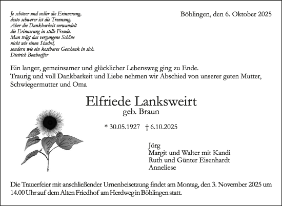 Traueranzeige von Elfriede Lanksweirt von Kreiszeitung Böblinger Bote