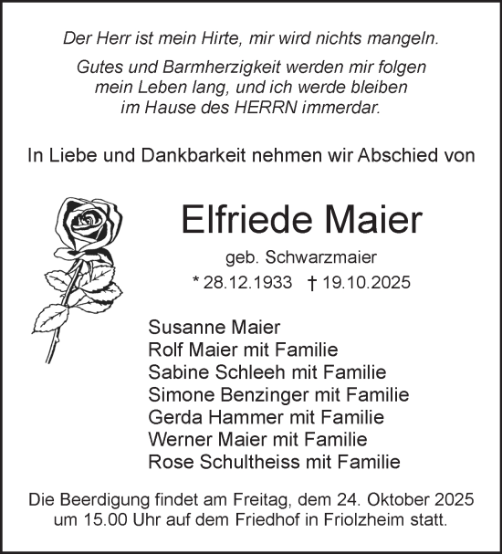 Traueranzeige von Elfriede Maier von Leonberger Kreiszeitung / Strohgäu Extra