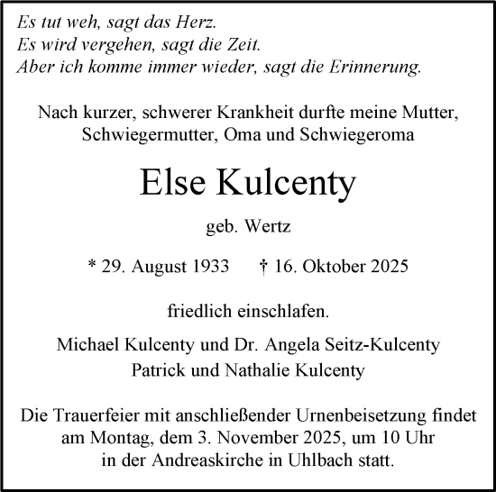 Traueranzeige von Else Kulcenty von Stuttgarter Zeitung / Stuttgarter Nachrichten