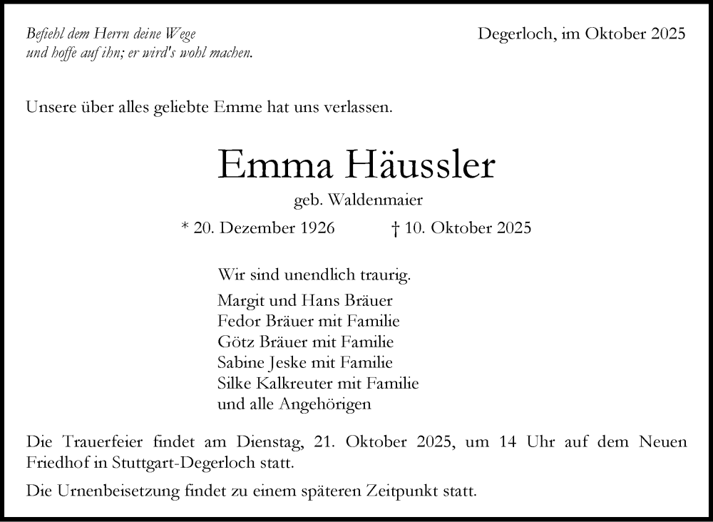  Traueranzeige für Emma Häussler vom 18.10.2025 aus Stuttgarter Zeitung / Stuttgarter Nachrichten