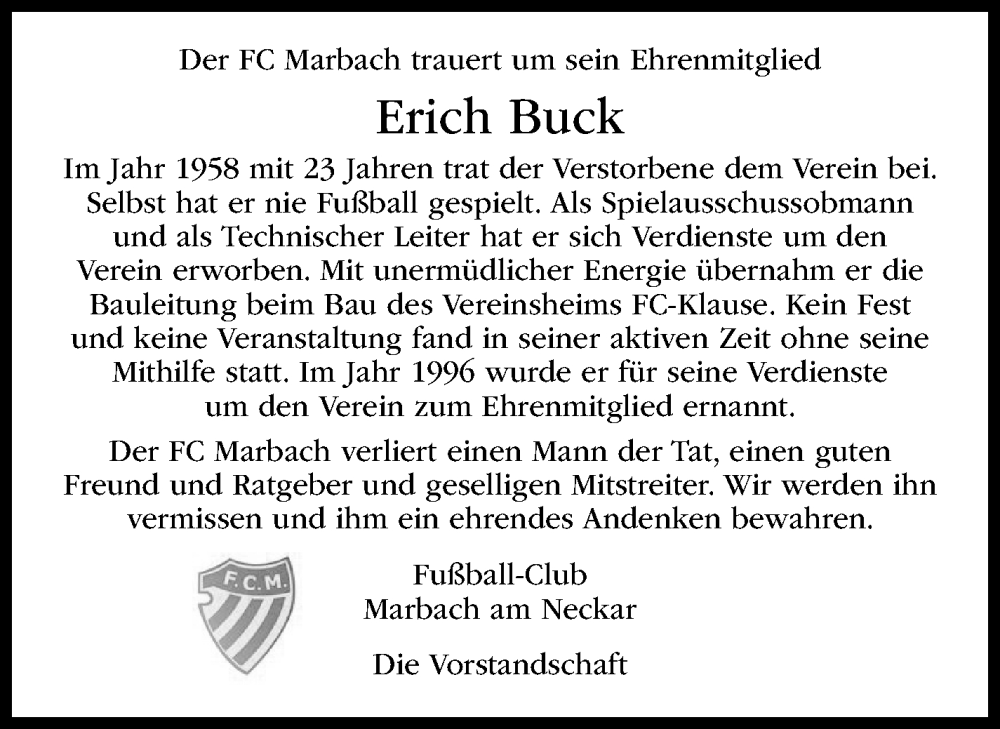  Traueranzeige für Erich Buck vom 17.10.2025 aus Marbacher Zeitung