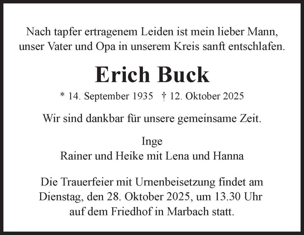  Traueranzeige für Erich Buck vom 17.10.2025 aus Marbacher Zeitung