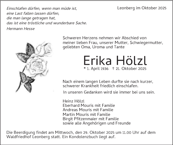 Traueranzeige von Erika Hölzl von Leonberger Kreiszeitung / Strohgäu Extra