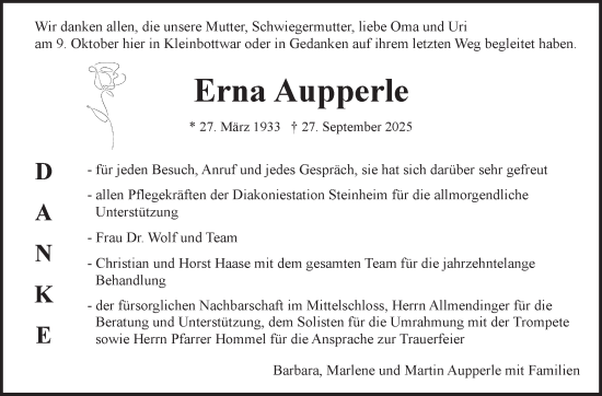 Traueranzeige von Erna Aupperle von Marbacher Zeitung