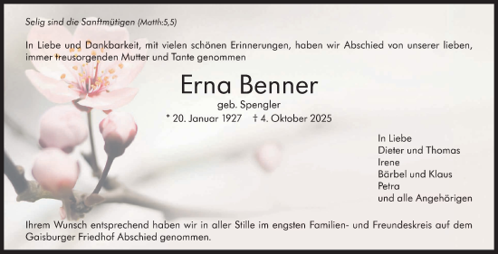 Traueranzeige von Erna Benner von Stuttgarter Zeitung / Stuttgarter Nachrichten