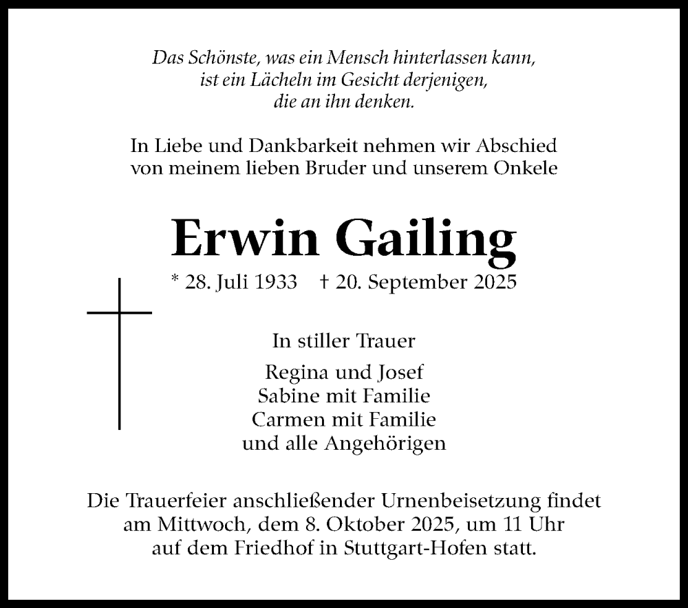  Traueranzeige für Erwin Gailing vom 02.10.2025 aus Stuttgarter Zeitung / Stuttgarter Nachrichten
