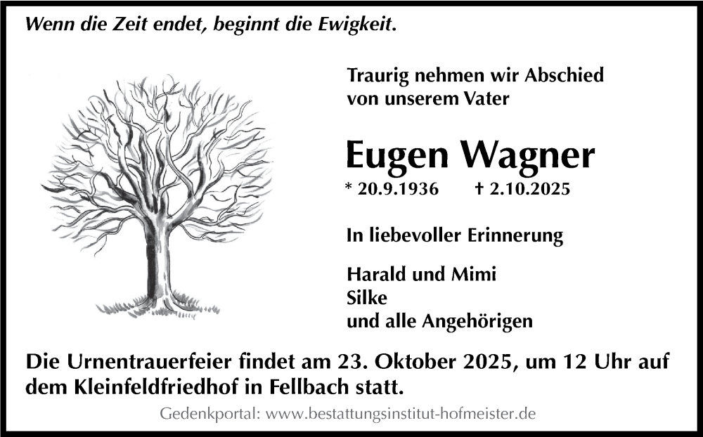  Traueranzeige für Eugen Wagner vom 18.10.2025 aus Stuttgarter Zeitung / Stuttgarter Nachrichten