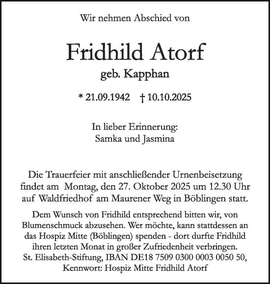 Traueranzeige von Fridhild Atorf von Kreiszeitung Böblinger Bote