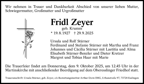 Traueranzeige von Fridl Zeyer von Eßlinger Zeitung