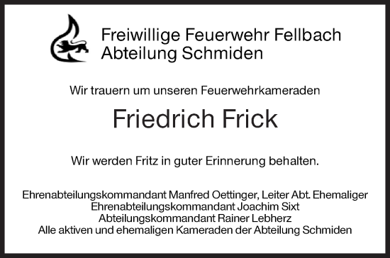 Traueranzeige von Friedrich Frick von Stuttgarter Zeitung / Stuttgarter Nachrichten