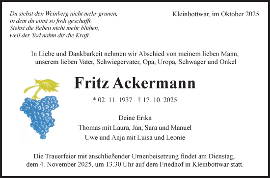 Traueranzeige von Fritz Ackermann von Marbacher Zeitung