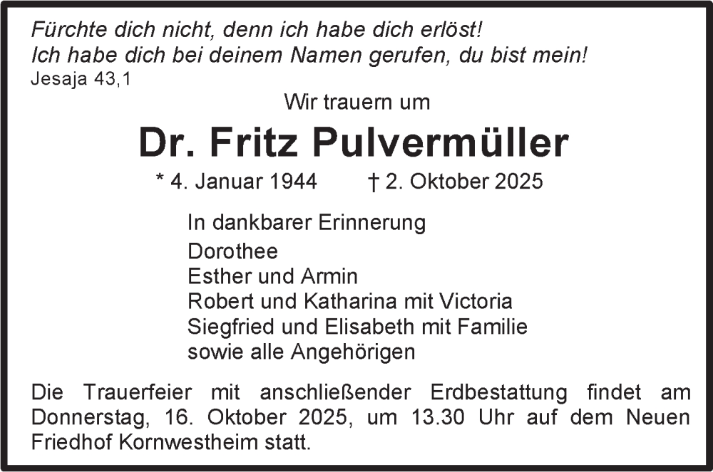  Traueranzeige für Fritz Pulvermüller vom 11.10.2025 aus Stuttgarter Zeitung / Stuttgarter Nachrichten