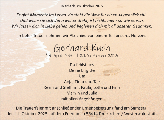 Traueranzeige von Gerhard Kuch von Marbacher Zeitung