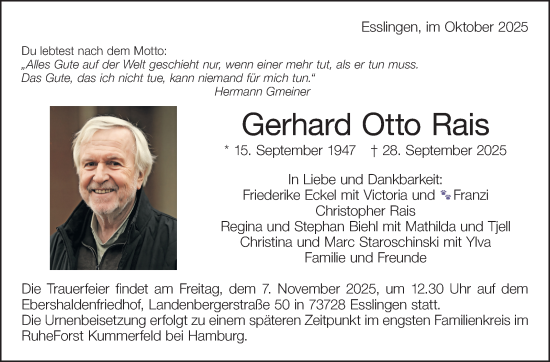 Traueranzeige von Gerhard Otto Rais von Eßlinger Zeitung