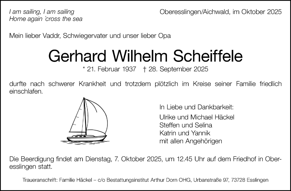  Traueranzeige für Gerhard Wilhelm Scheiffele vom 04.10.2025 aus Eßlinger Zeitung