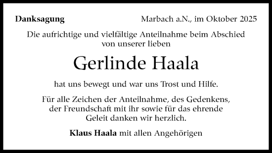 Traueranzeige von Gerlinde Haala von Marbacher Zeitung