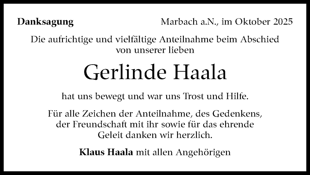  Traueranzeige für Gerlinde Haala vom 01.10.2025 aus Marbacher Zeitung
