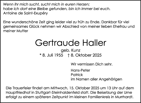Traueranzeige von Gertraude Haller von Stuttgarter Zeitung / Stuttgarter Nachrichten