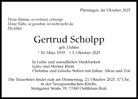 Traueranzeige von Gertrud Scholpp von Stuttgarter Zeitung / Stuttgarter Nachrichten