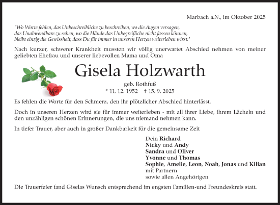 Traueranzeige von Gisela Holzwarth von Marbacher Zeitung