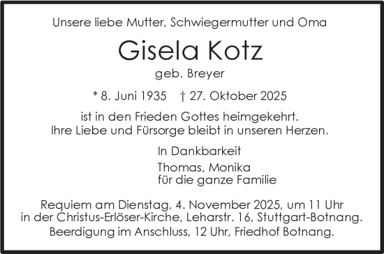 Traueranzeige von Gisela Kotz von Stuttgarter Zeitung / Stuttgarter Nachrichten