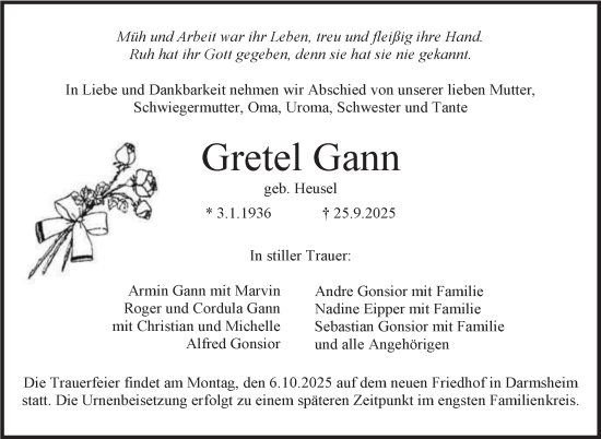 Traueranzeige von Gretel Gann von Kreiszeitung Böblinger Bote