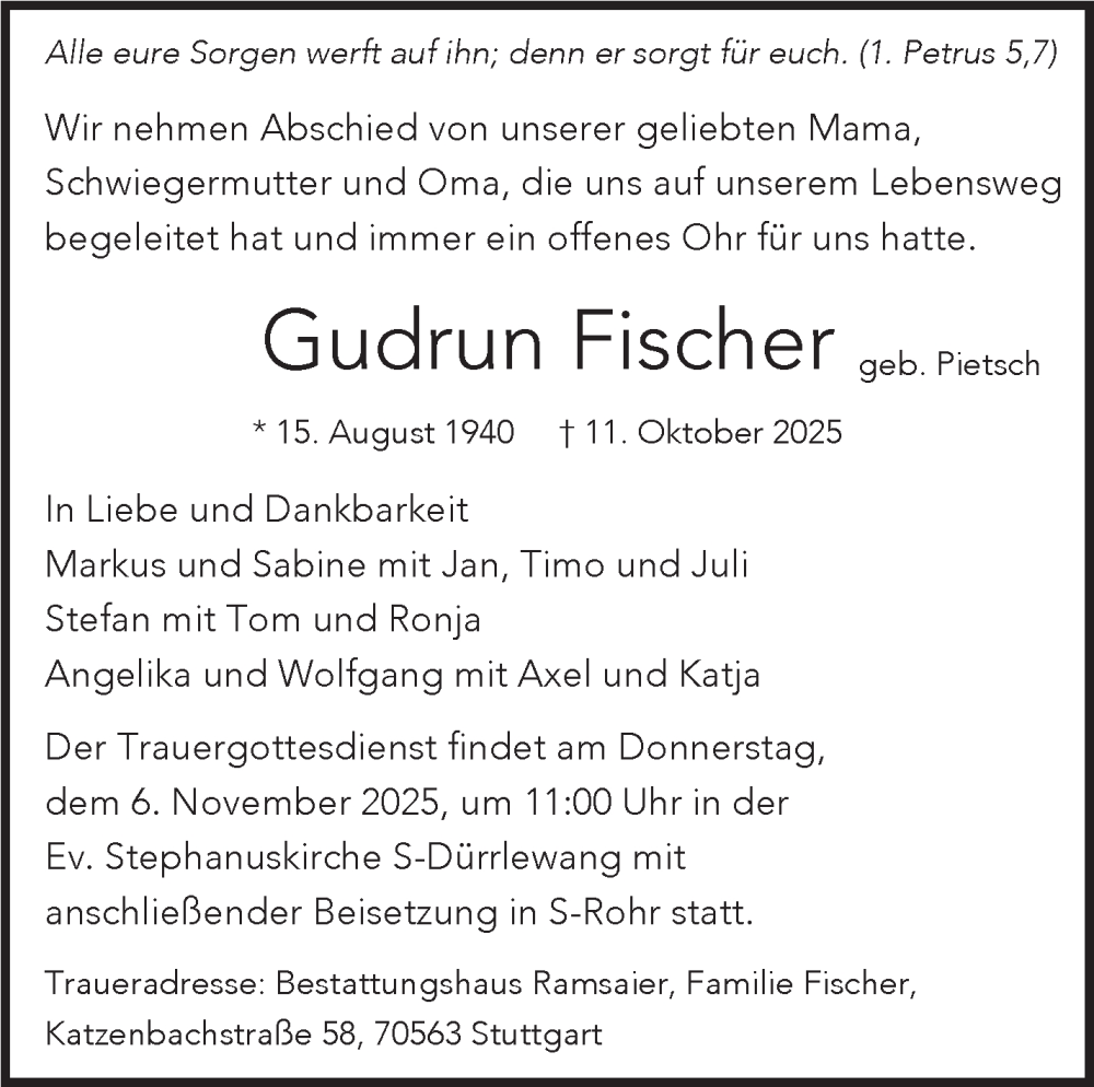  Traueranzeige für Gudrun Fischer vom 25.10.2025 aus Stuttgarter Zeitung / Stuttgarter Nachrichten