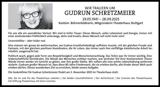 Traueranzeige von Gudrun Schretzmeier von Stuttgarter Zeitung / Stuttgarter Nachrichten