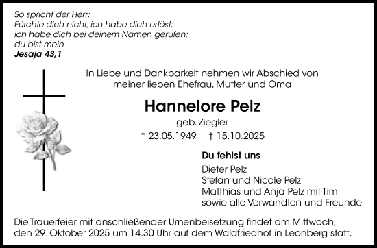 Traueranzeige von Hannelore Pelz von Leonberger Kreiszeitung / Strohgäu Extra