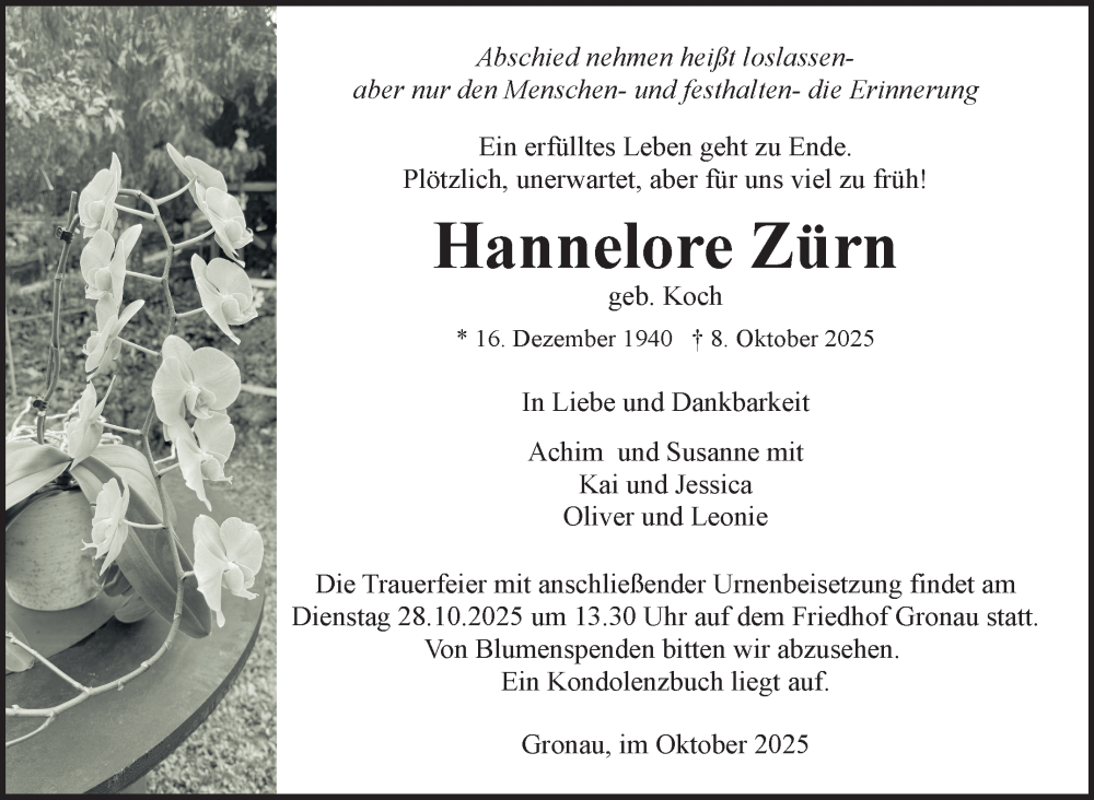  Traueranzeige für Hannelore Zürn vom 24.10.2025 aus Marbacher Zeitung