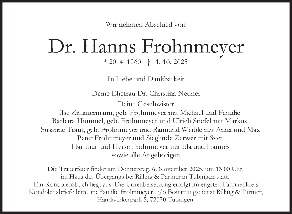  Traueranzeige für Hanns Frohnmeyer vom 31.10.2025 aus Stuttgarter Zeitung / Stuttgarter Nachrichten
