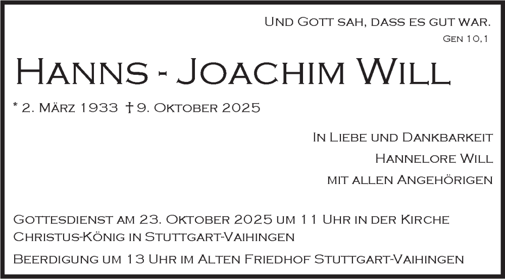  Traueranzeige für Hanns-Joachim Will vom 18.10.2025 aus Stuttgarter Zeitung / Stuttgarter Nachrichten