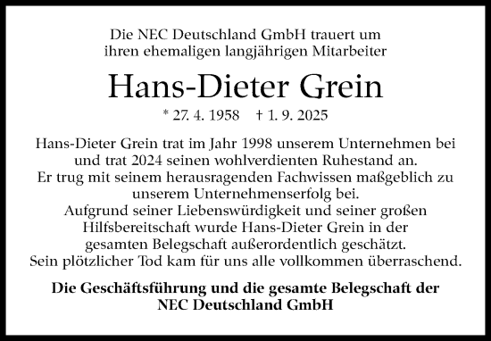 Traueranzeige von Hans-Dieter Grein von Stuttgarter Zeitung / Stuttgarter Nachrichten