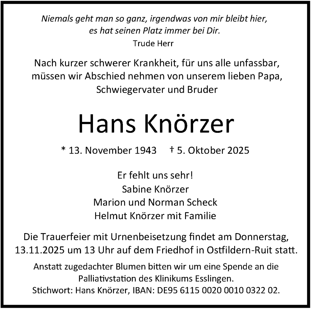  Traueranzeige für Hans Knörzer vom 24.10.2025 aus Stuttgarter Zeitung / Stuttgarter Nachrichten