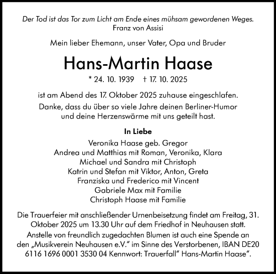 Traueranzeige von Hans-Martin Haase von Eßlinger Zeitung