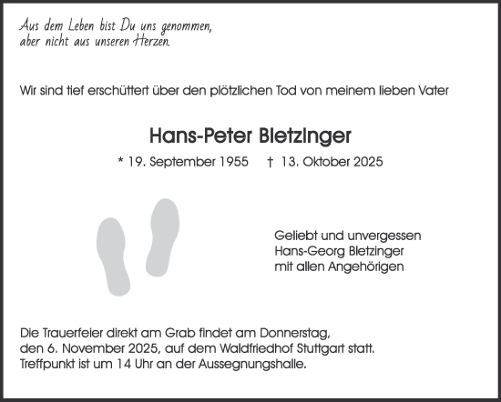 Traueranzeige von Hans-Peter Bletzinger von Stuttgarter Zeitung / Stuttgarter Nachrichten