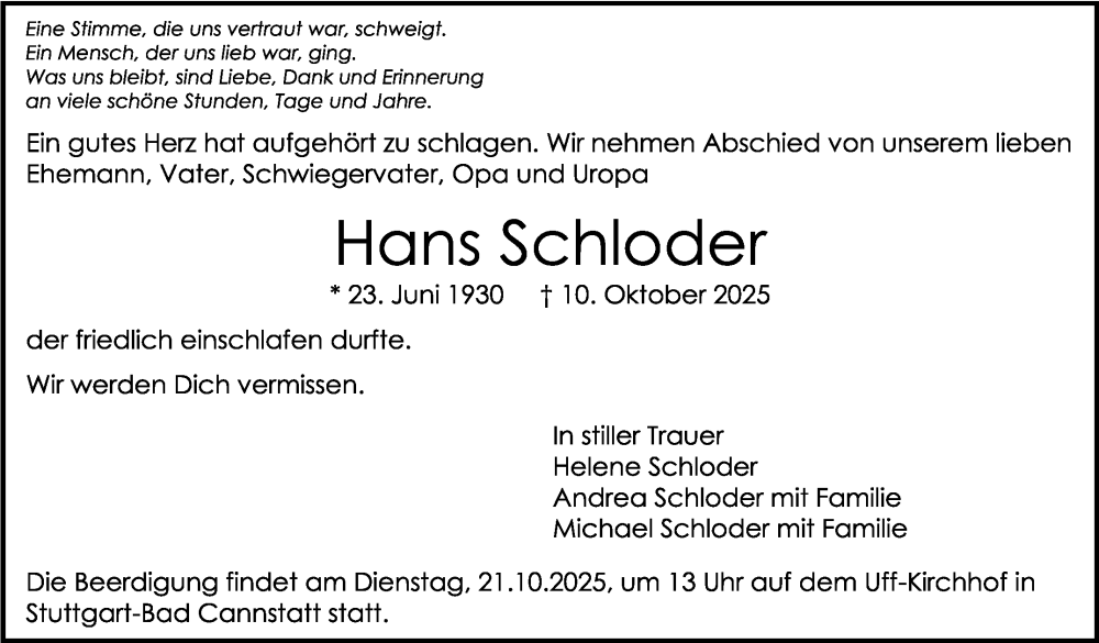  Traueranzeige für Hans Schloder vom 18.10.2025 aus Stuttgarter Zeitung / Stuttgarter Nachrichten