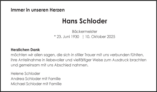 Traueranzeige von Hans Schloder von Stuttgarter Zeitung / Stuttgarter Nachrichten