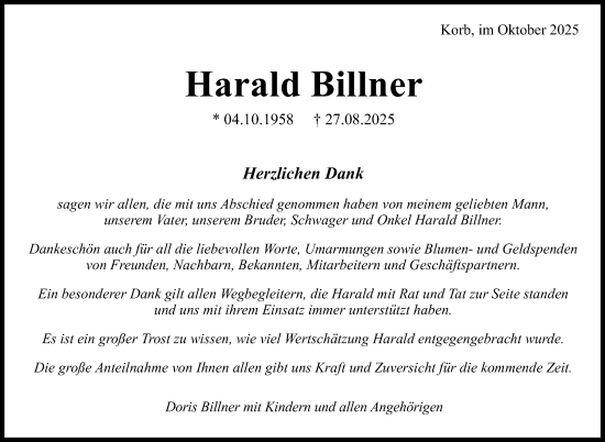 Traueranzeige von Harald Billner von Stuttgarter Zeitung / Stuttgarter Nachrichten